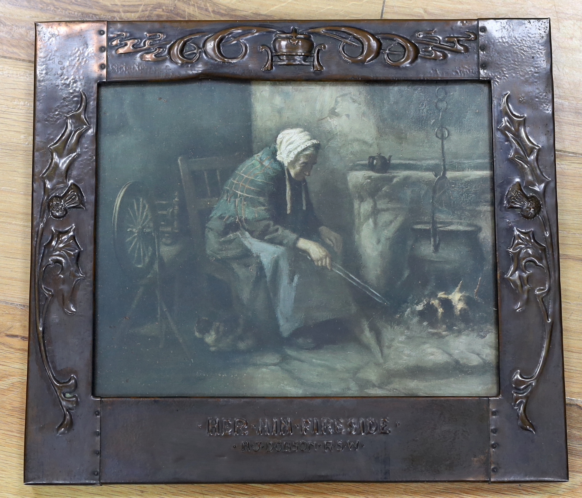 A pair of Scottish, Arts and Crafts copper embossed frames, housing colour prints after Henry John Dobson, overall 33cm x 29cm